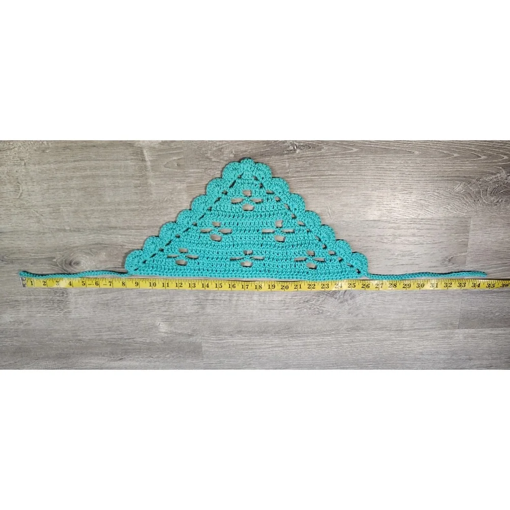 Handmade Crochet‎ Triangle Head Scarf Scalloped Hem Blue Cotton Cottage Boho